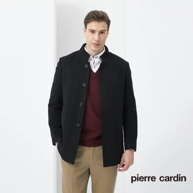 【pierre cardin 皮爾卡登】商務休閒 男款 都會休閒開釦立領毛料外套-黑色(5205788-99)