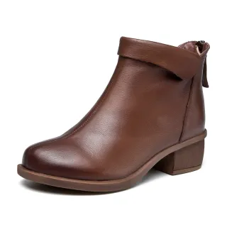 【Vecchio】真皮短靴 粗跟短靴/真皮頭層牛皮復古經典翻領造型舒適粗跟短靴(棕)