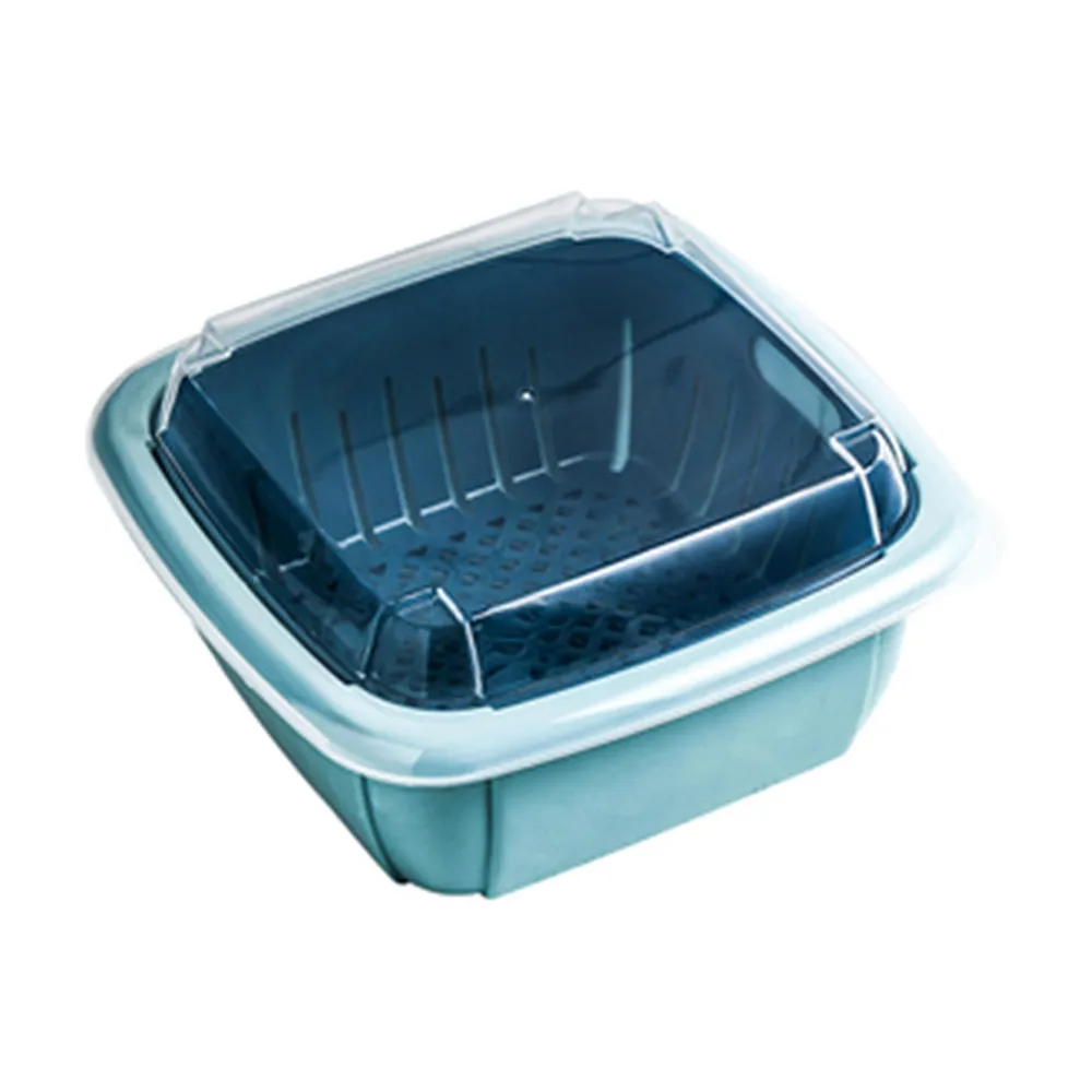 【OKAWA】新一代雙層保鮮瀝水籃 2入組(洗菜藍 蔬果置物籃 保鮮盒 洗米籃 水果籃 瀝水盆)