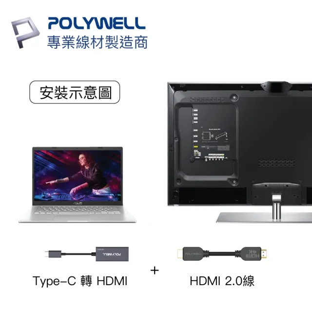 【POLYWELL】Type-C轉HDMI 訊號轉換器 公對母 主動式 4K60Hz(台製晶片 訊號穩定 適配性高)