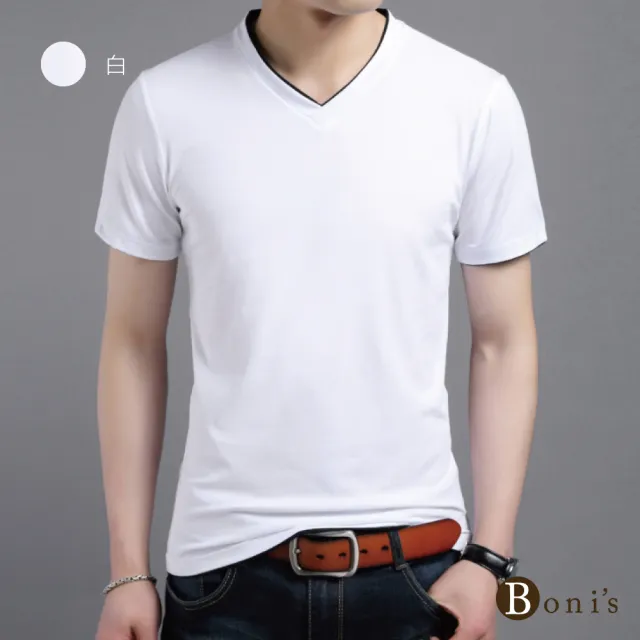 【Boni’s】純棉配色V領口透氣舒適T恤 L-3XL(白色 / 灰色 / 藍色 / 黑色)