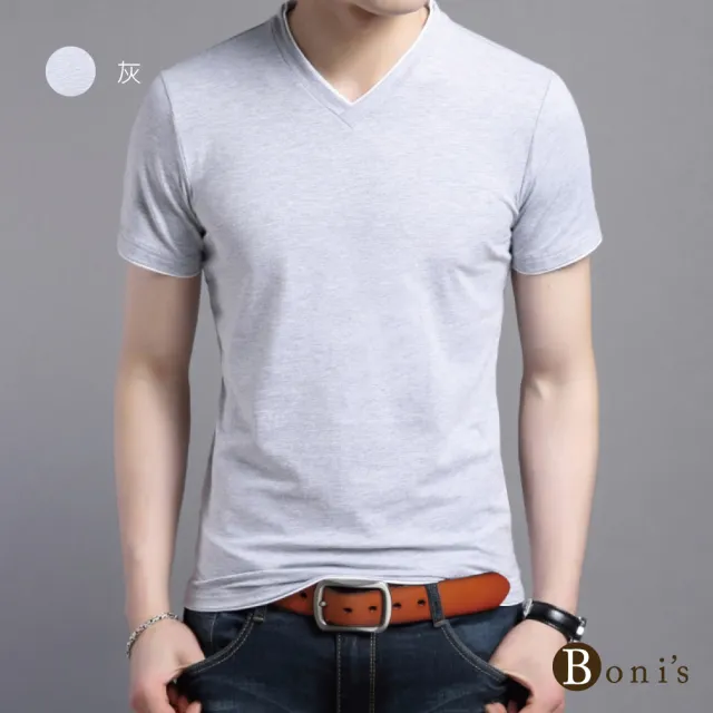 【Boni’s】純棉配色V領口透氣舒適T恤 L-3XL(白色 / 灰色 / 藍色 / 黑色)