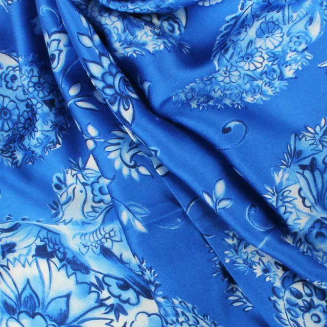 【LANVIN 浪凡】手繪風格花鳥森林方型絲巾(藍色)