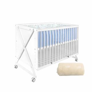 【PUKU 藍色企鵝】Growth成長多功能嬰兒床白色120*65cm(含藍色6件寢具組+床墊+蚊帳)