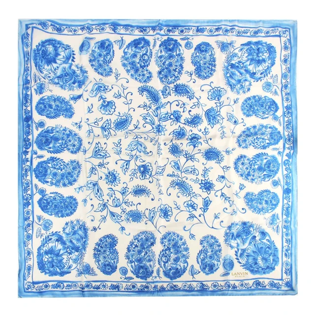 【LANVIN 浪凡】手繪風格花鳥森林方型絲巾(藍色/白色)