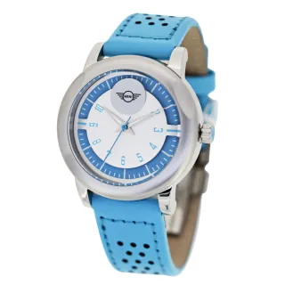 【MINI SWISS WATCHES】石英錶 35mm 藍白雙色錶面 藍色洞洞皮錶帶(藍色)