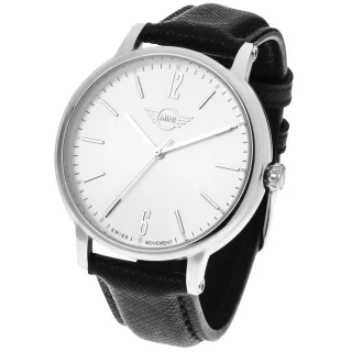 【MINI SWISS WATCHES】石英錶 43.5mm 白錶面 黑色皮錶帶(黑色)