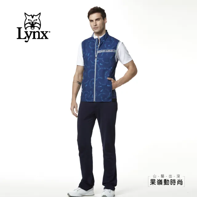 【Lynx Golf】男款滿版Lynx LXG印花造型配布拉鍊口袋無袖背心(藍色)