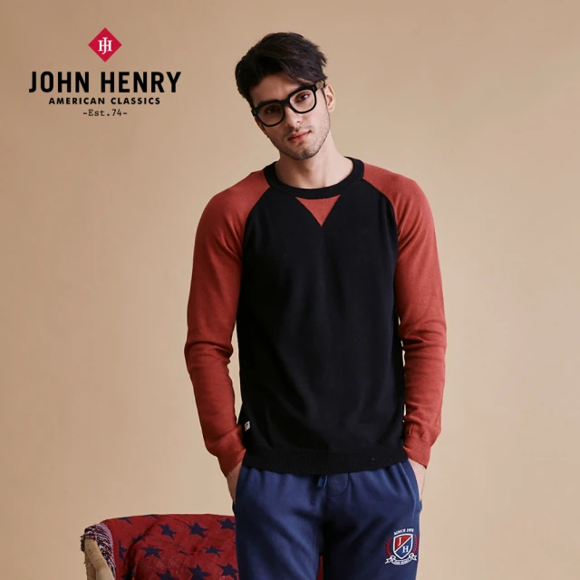 【JOHN HENRY】個性圓領拼接針織長袖T恤-黑