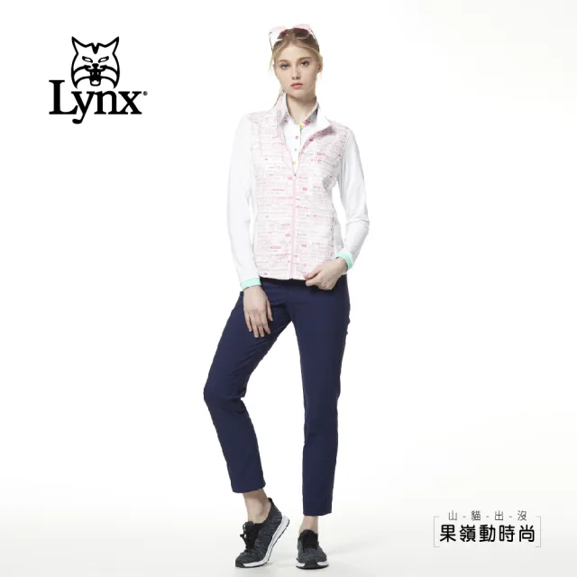 【Lynx Golf】女款輕潑水後背透氣設計文字印花無袖背心(白色)