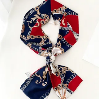 【AnnaSofia】仿絲領巾絲巾圍巾-歐美鎖鏈 窄版緞面 現貨(紅藍系)