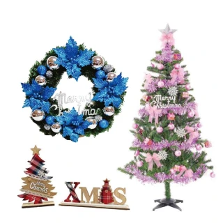 【摩達客】耶誕-活力超值三件組(含粉紅佳人6尺綠聖誕樹-全套飾品/金蔥浪漫雪紗花圈/蘇格蘭紋擺飾)