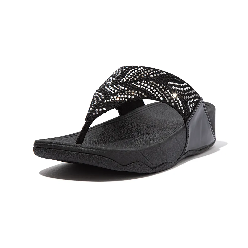 【FitFlop】LULU CRYSTAL FEATHER TOE-POST SANDALS 閃耀多色水鑽夾腳涼鞋-女(靚黑色)