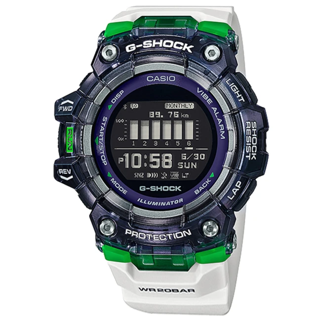 CASIO 卡西歐 G-SHOCK 卡西歐 多功能 藍牙 半透明 電子液晶 橡膠手錶 白綠色 48mm(GBD-100SM-1A7)