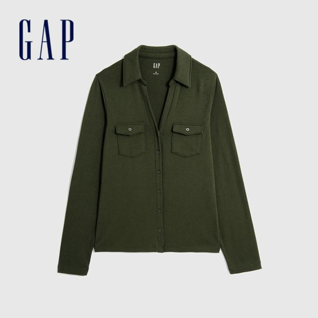 GAP 女裝 Logo小熊印花圓領長袖外套 碳素軟磨系列-海