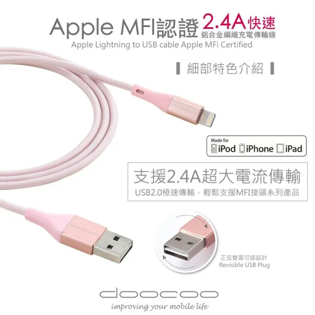 【doocoo】Apple Lightning MFi 鋁合金編織充電傳輸線(120CM)