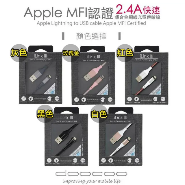 【doocoo】Apple Lightning MFi 鋁合金編織充電傳輸線(120CM)