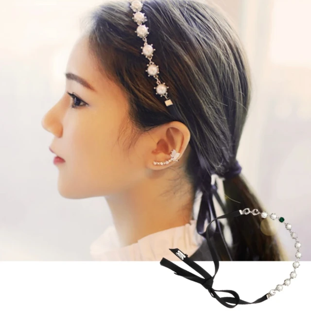 【89 zone】韓版珍珠水晶寶石 髮飾 頭飾 飾品 髮帶 髮束 1 入(銀色)