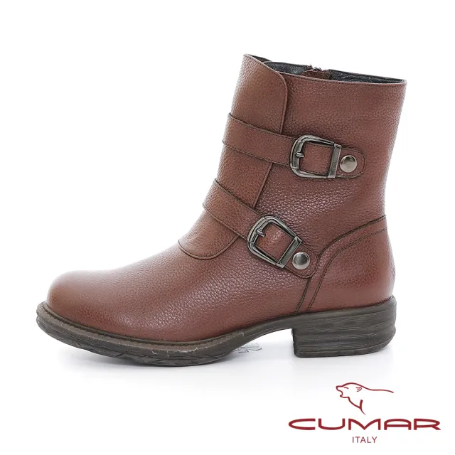 【CUMAR】中性簡約率性釦帶平底短靴(酒紅色)