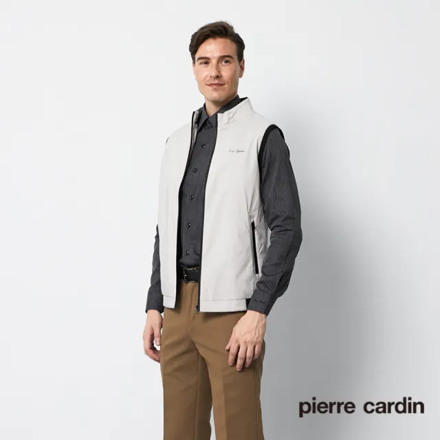 【pierre cardin 皮爾卡登】商務休閒 男款 防潑水羅紋配色保暖背心-淺卡其(5205302-84)