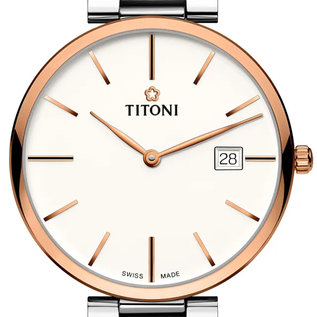 【TITONI 梅花錶】纖薄系列機械錶 白面/玫瑰金半金鋼帶 39mm(82718 SRG-606)