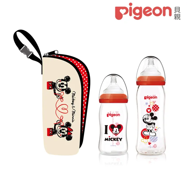 【Pigeon貝親 官方直營】寬口母乳實感玻璃奶瓶160+240ml+迪士尼保溫袋(米奇紀念款)