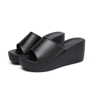 【SOFT WALK 舒步】真皮拖鞋 厚底拖鞋/真皮純色百搭坡跟厚底鬆糕拖鞋(2色任選)