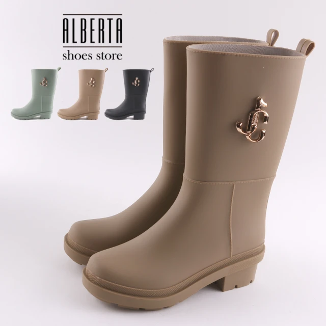 【Alberta】3CM雨靴 優雅氣質金屬飾釦 筒高23.5CM防水防雨厚底圓頭中筒靴