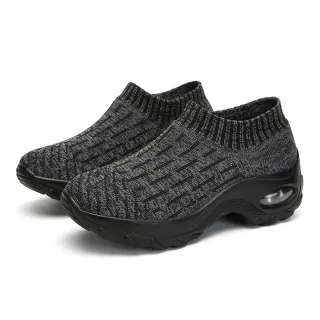 【HAPPY WALK】舒適撞色線條飛織襪套氣墊休閒鞋(黑)