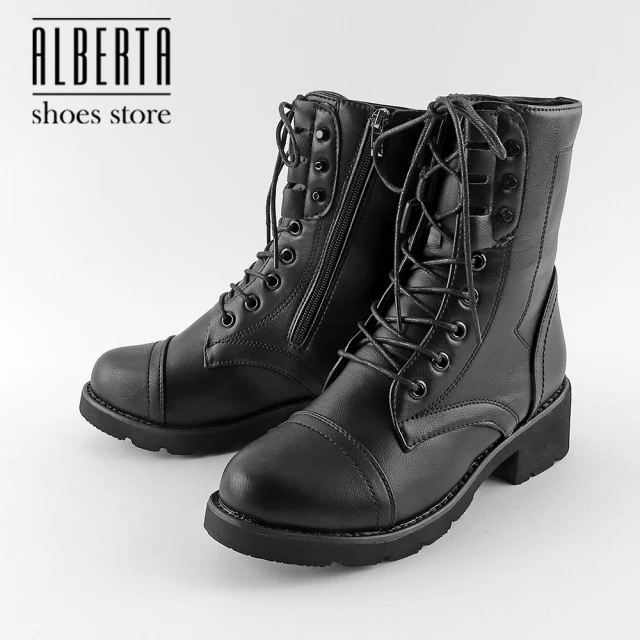 【Alberta】4.5CM短靴 率性百搭 筒高17CM皮革側拉鍊綁帶圓頭厚底靴 騎士靴 黑靴