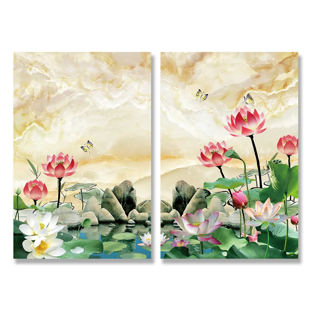 【24mama 掛畫】二聯式 油畫布 大理石 白色與粉紅色花卉 葉子 無框畫 時鐘掛畫-40x60cm(池塘裡睡蓮)