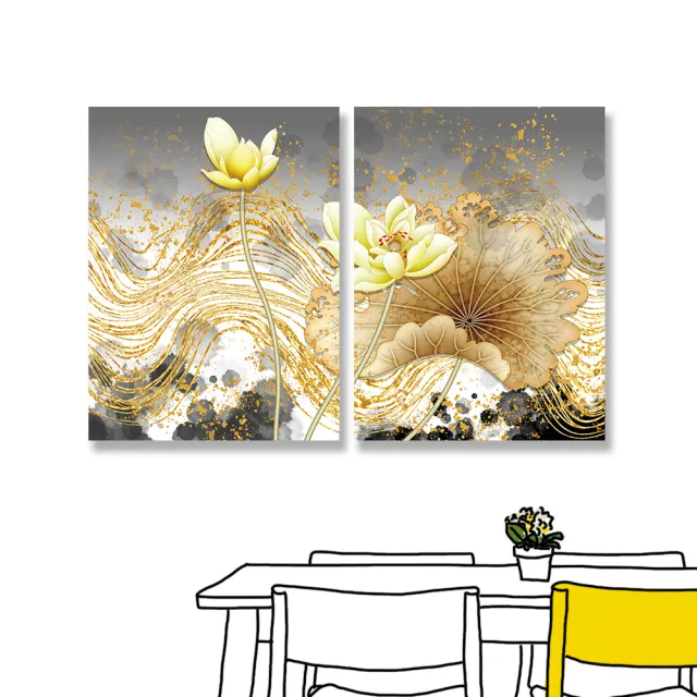 【24mama 掛畫】二聯式 油畫布 抽象 波浪 線條 花卉 無框畫-30x40cm(黃色睡蓮)