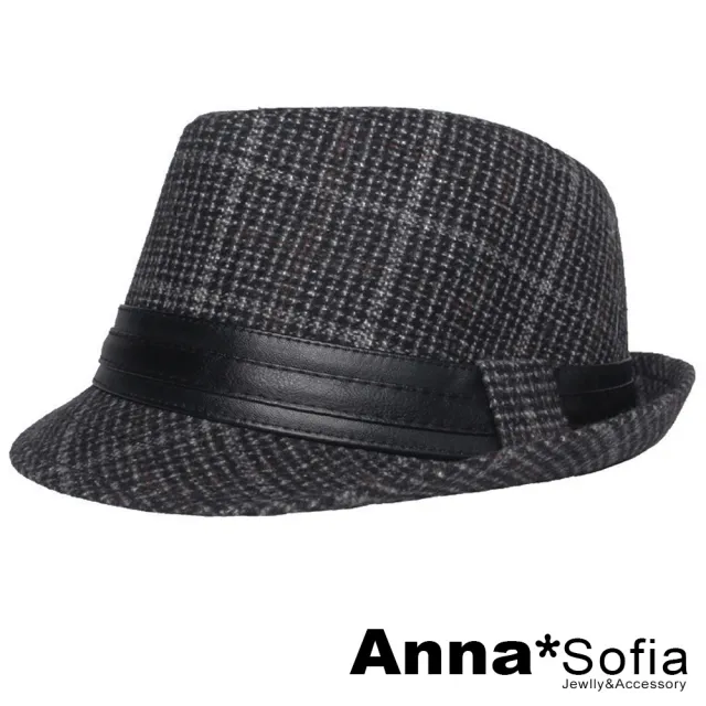 【AnnaSofia】紳士帽爵士帽禮帽-絨面革帶英倫格 現貨(黑灰系)