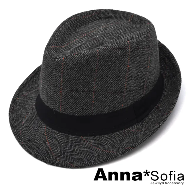 【AnnaSofia】混棉紳士帽爵士帽禮帽-點格線葉脈底紋 現貨(深灰系)
