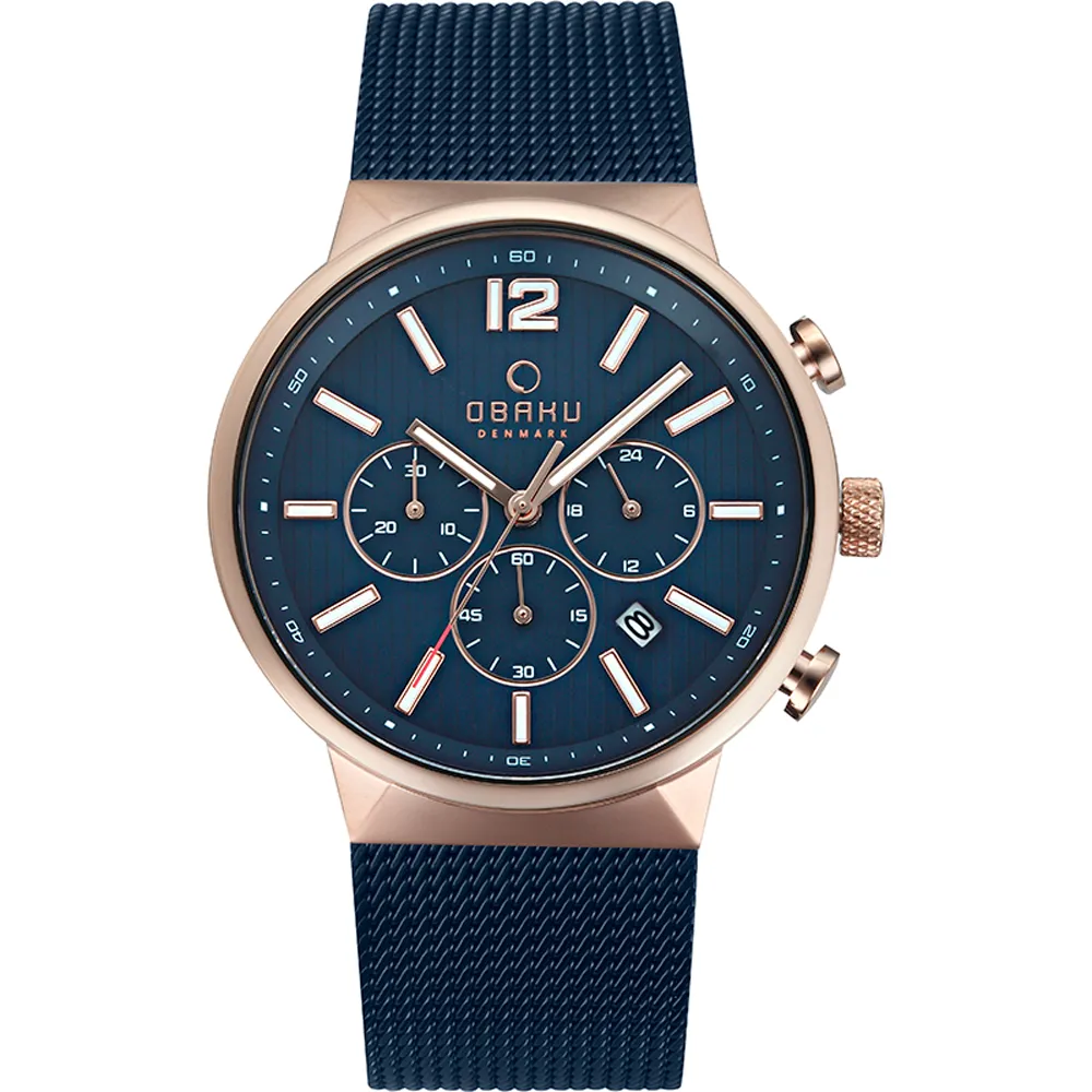 【OBAKU】分秒必爭三眼時尚腕錶-玫瑰金Ｘ藍 - 42mm(V180GMVLML)