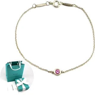 【Tiffany&Co. 蒂芙尼】鑲圓形粉紅色海藍寶石925純銀手鍊