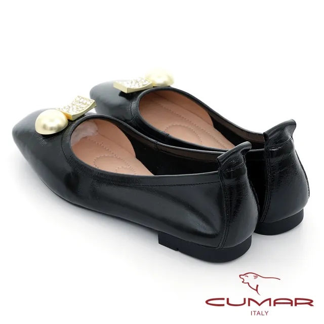 【CUMAR】典雅小方頭金屬飾釦平底娃娃鞋(黑色)