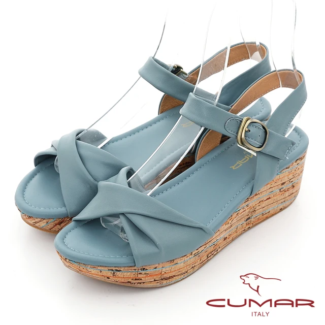 【CUMAR】波西米亞風扭轉一字帶坡跟涼鞋(藍色)