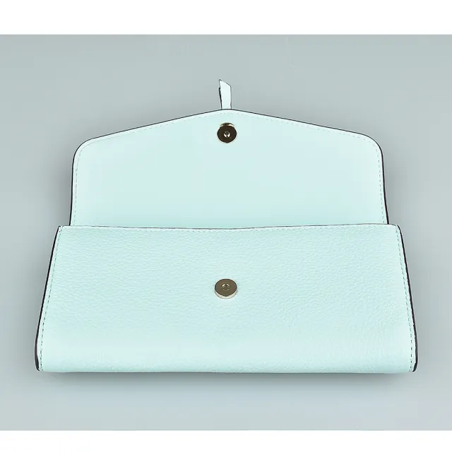 【KATE SPADE】Kate Spade MARTI 金屬桃心LOGO荔枝紋牛皮12卡釦式長夾(展示品/大/淺蒂芬妮藍)