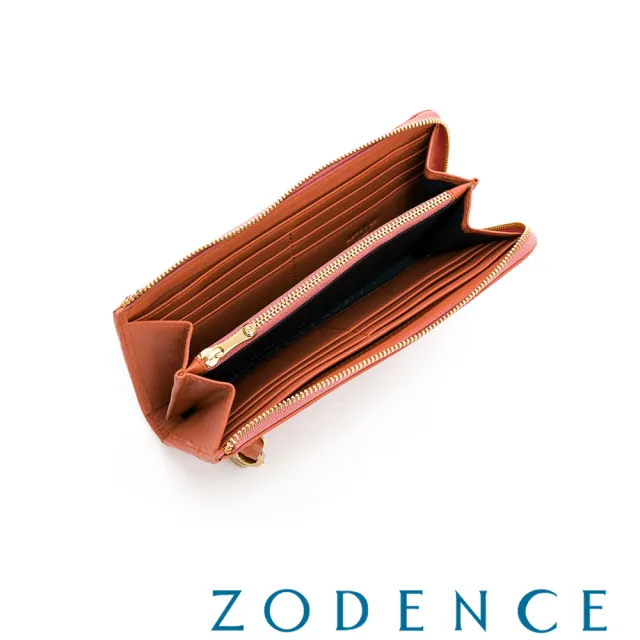 【ZODENCE 佐登司】進口牛皮斜拉鍊長夾(粉橘)