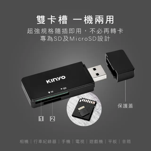 【KINYO】USB3.0 SD/TF記憶卡雙插槽讀卡機(相機/行車紀錄器/手機 KCR-120)