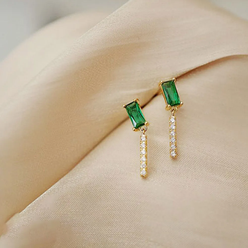 【my stere 我的時尚秘境】日系輕珠寶-祖母綠水鑽垂墜耳環(水鑽 垂墜 祖母綠)