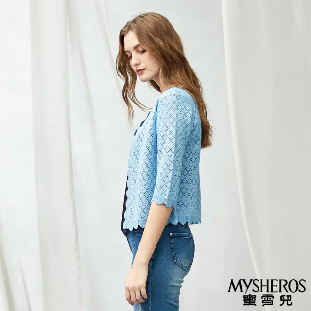 【MYSHEROS 蜜雪兒】針織罩衫 花邊菱格紋 素色五分袖(藍)