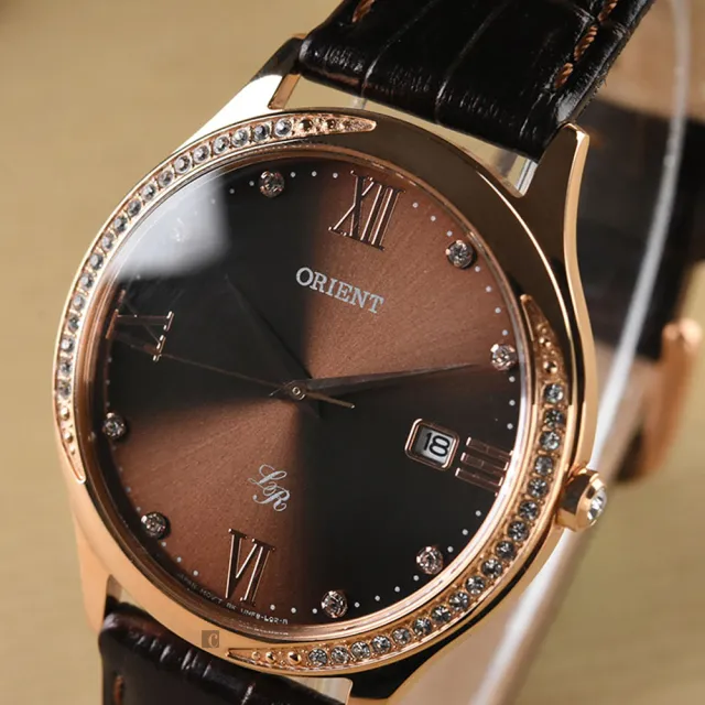 【ORIENT 東方錶】晶鑽石英女錶-咖啡x玫瑰金/36.5mm 母親節禮物(FUNF8001T)