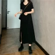 【JILLI-KO】簡約韓版開衩棉質連衣裙-M/L(黑)