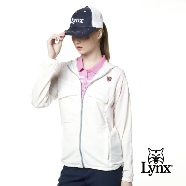 【Lynx Golf】女款彈性舒適涼爽透氣交叉壓條袋蓋連帽長袖外套(牙白色)