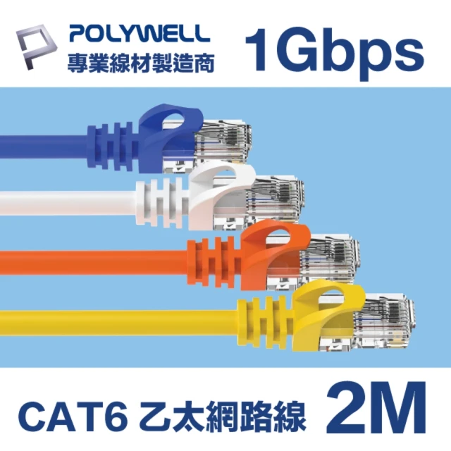 【POLYWELL】CAT6 乙太網路線 UTP 1Gbps/1000Mbps 2M(適合ADSL/MOD/Giga網路交換器/無線路由器)