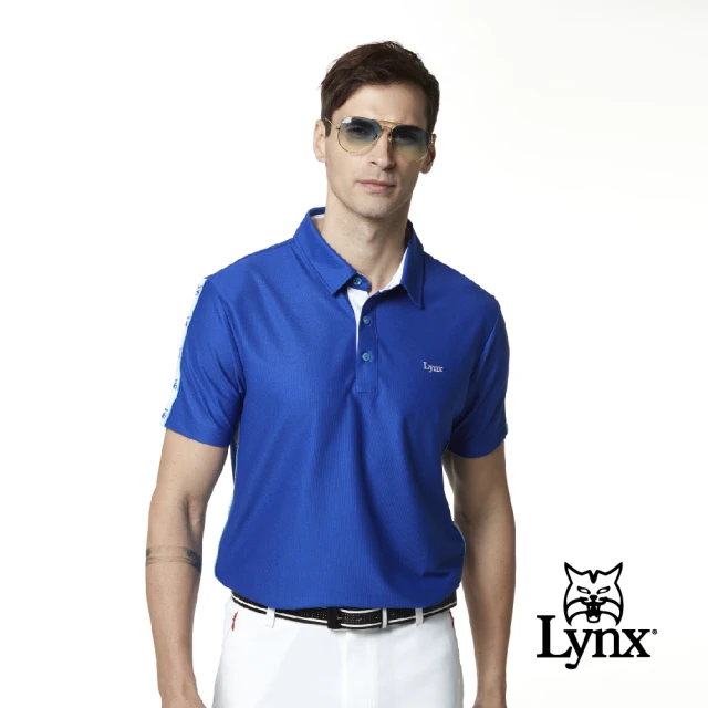 【Lynx Golf】男款吸濕排汗出芽配布山貓串標印花短袖POLO衫/高爾夫球衫(寶藍色)