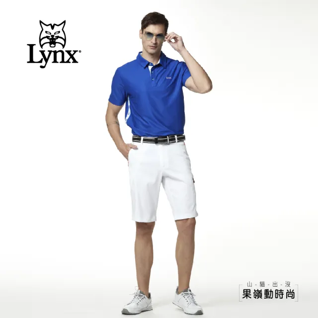 【Lynx Golf】男款吸濕排汗出芽配布山貓串標印花短袖POLO衫/高爾夫球衫(寶藍色)