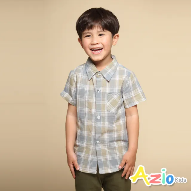 【Azio Kids 美國派】男童 上衣 單口袋粗細格紋短袖襯衫(藍)